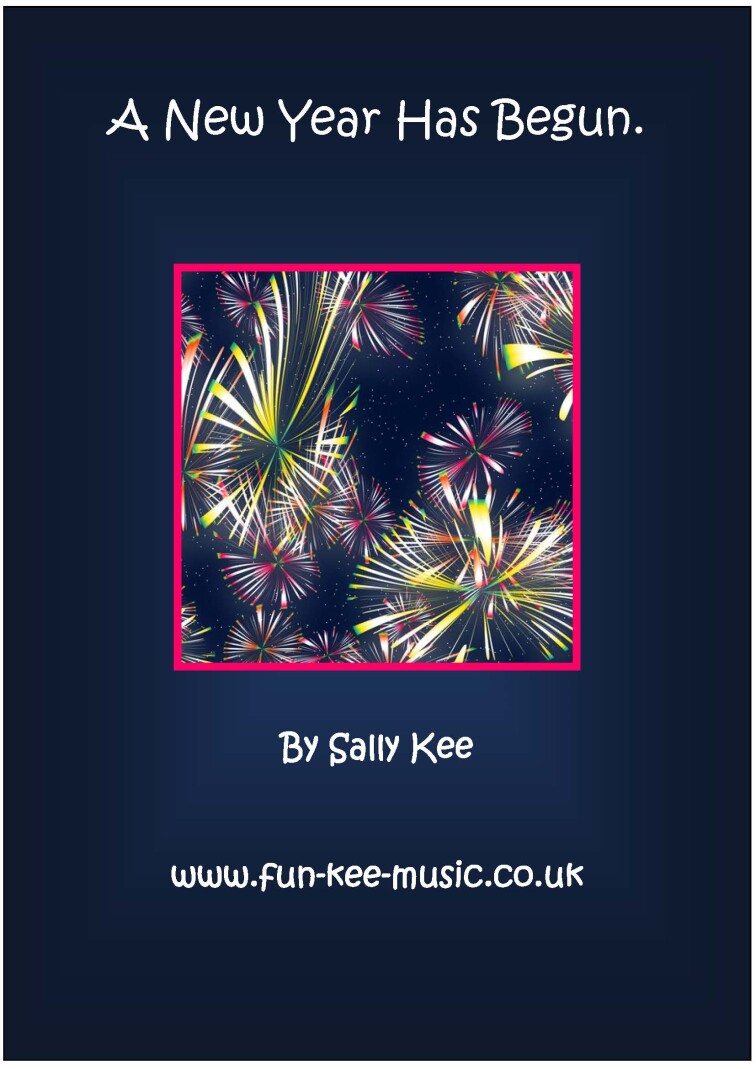 Song title with navy background and firework image in the middle in a pink square