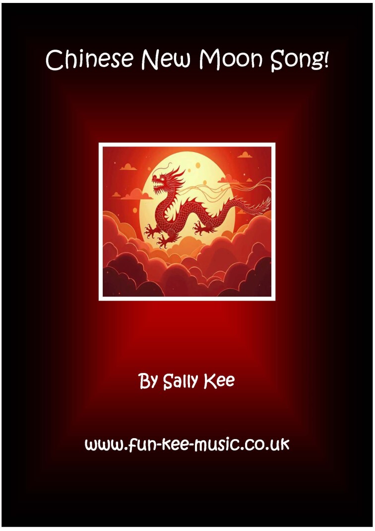 Chinese dragon superimposed on a moon surrounded by red clouds