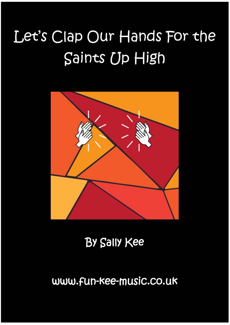 A Black background with an asymmetric stained glass window in orange, yellow and red with clapping hands in the middle. Title of song is 'Let's Clap O