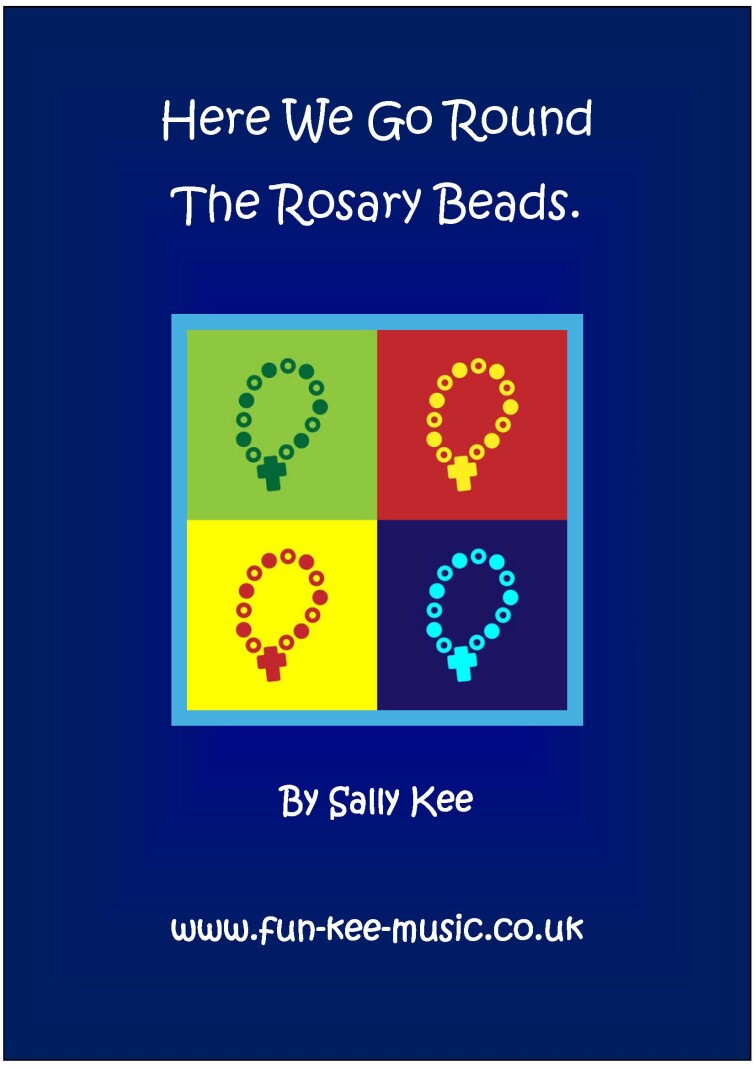 Dreamstime image on a navy background of 4 sets of rosary beads in a different coloured squares