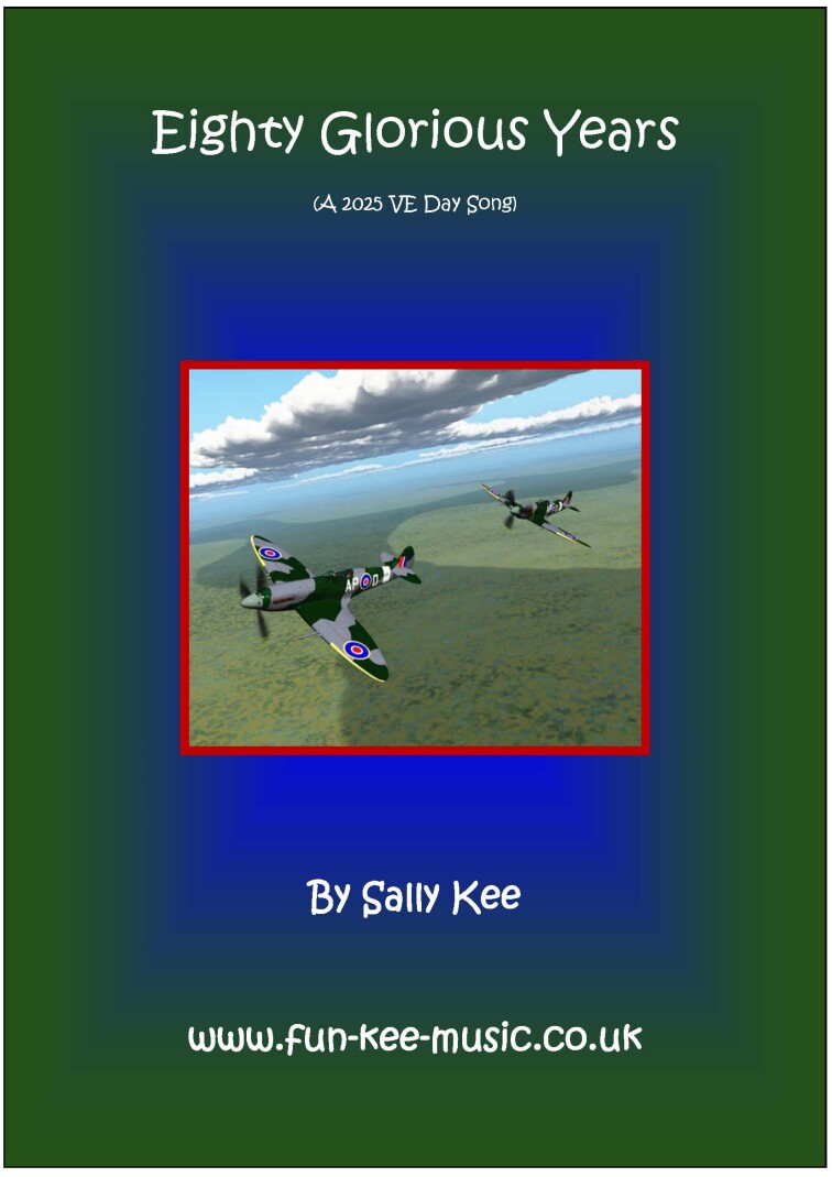 Dreamstime Image of WW2 planes flying over grassy land against a green background. The title of the song is 'Eighty Glorious Years.' 