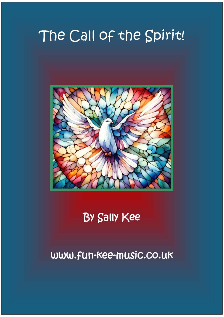 Dreamstime image of a dove in a coloured stained glass window agaist a teal and red background. The title of the hymn is 'The Call of the Spirit.'