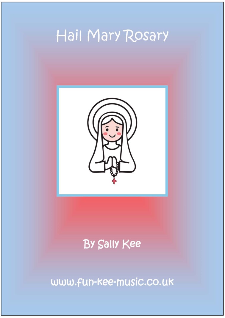 A Black Outline Dreamstime image of Mary Mother of God with Rosary Beads against a white background. The title of the song is 'Hail Mary Rosary.'