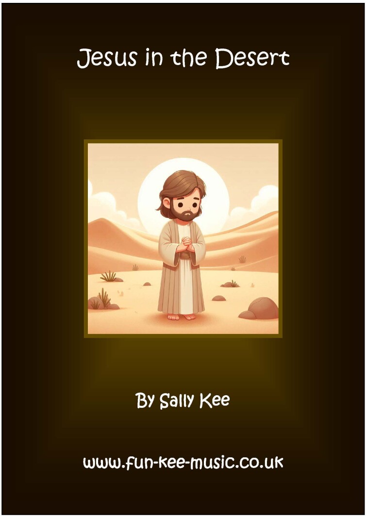 A stylized inmage of Jesus in the desrt praying set against a beown background. Title of the song is 'Jesus in the Desert.'