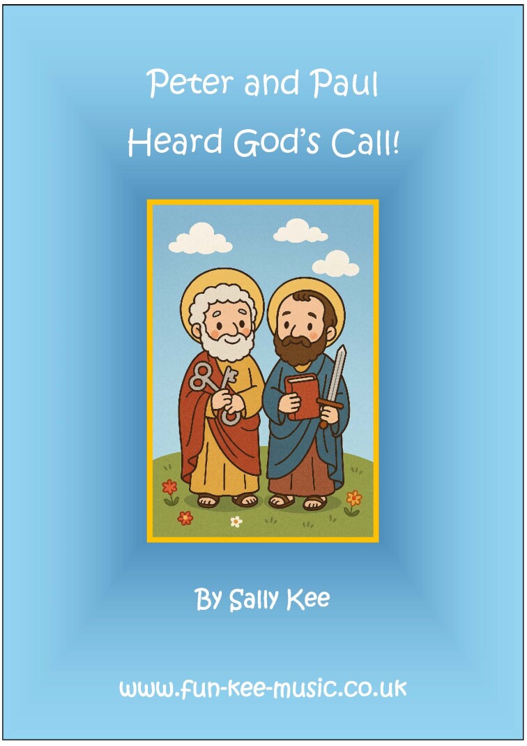 AI child friendy image of Saints Peter and Paul against a blue background. Song title is  'Peter and Paul heard God's Call.'