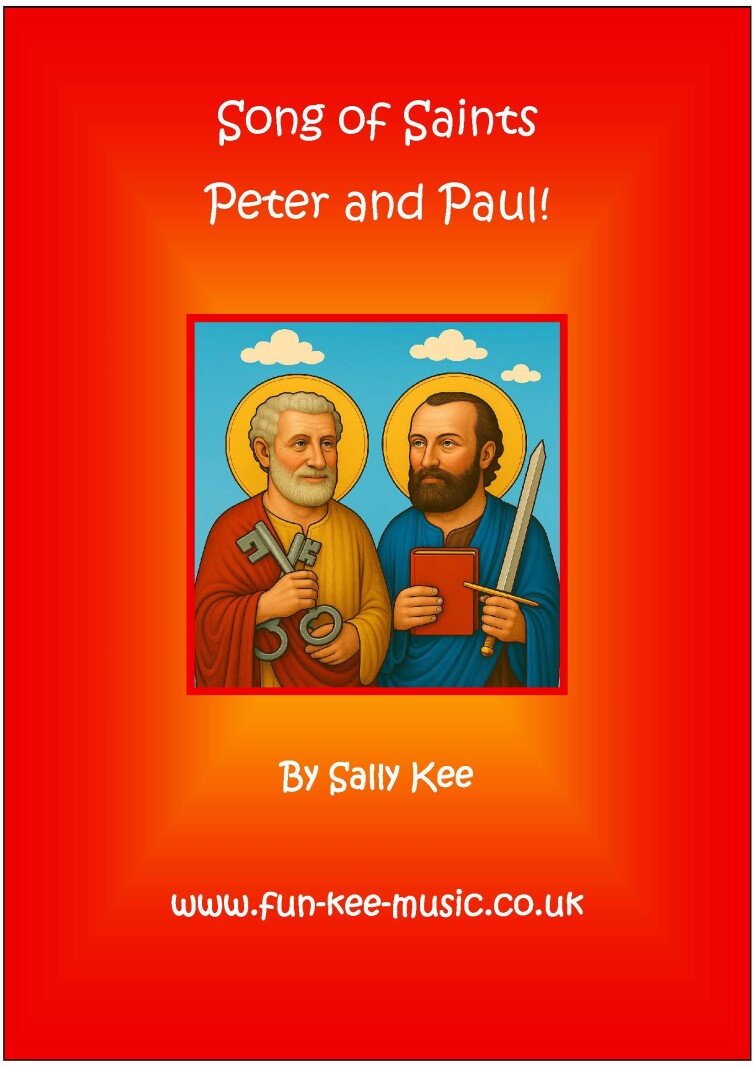 AI image of Peter and Paul agaianst a red background. The title of the song is 'Song of Saints Peter and Paul.'