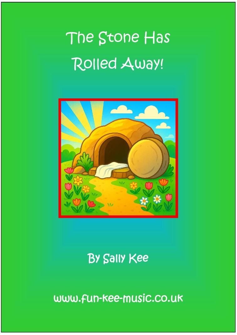 An image of an empty tomb in a garden under blue skies. The title of the song is 'The Stone Has Rolled Away.'