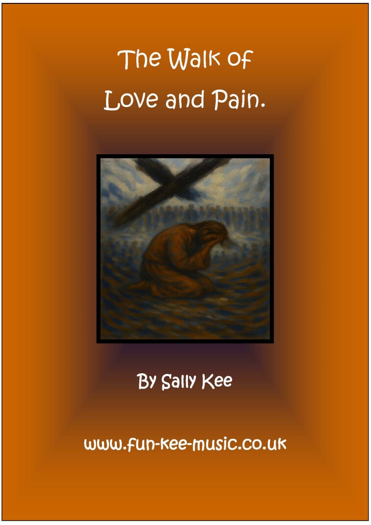 An AI abstract image od Jesus carrying his cross on Good Friday. The song title is 'The Walk of Love and Pain.'