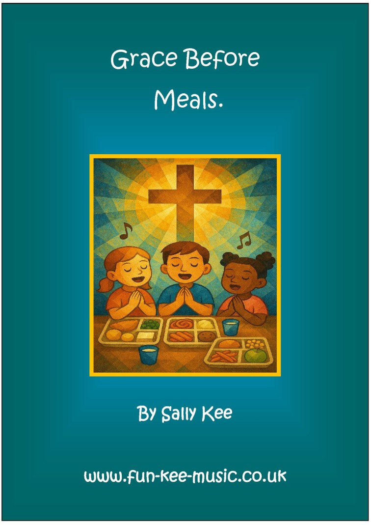 A AI image of children singing 'Grace Before Meals' in front of plates of food. There is a cross in the background.