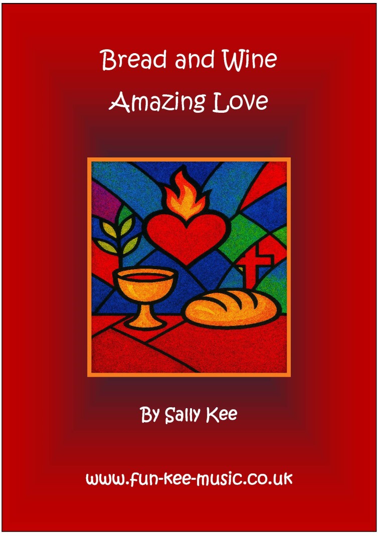 AN AI IMAGE OF BREAD, WINE, A HEART, AND A CROSS IN A STAINED GLASS SETTING. TITLE OF THE HYMN IS BREAD AND WINE AMAZING LOVE