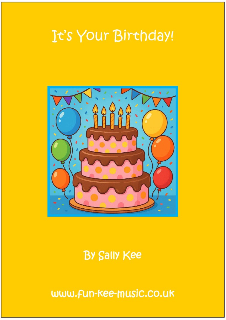 An AI image of a three tiered pink spotty birthday cake against a blue background surrounded by bunting and balloons. Title of the song is 'It's Your 