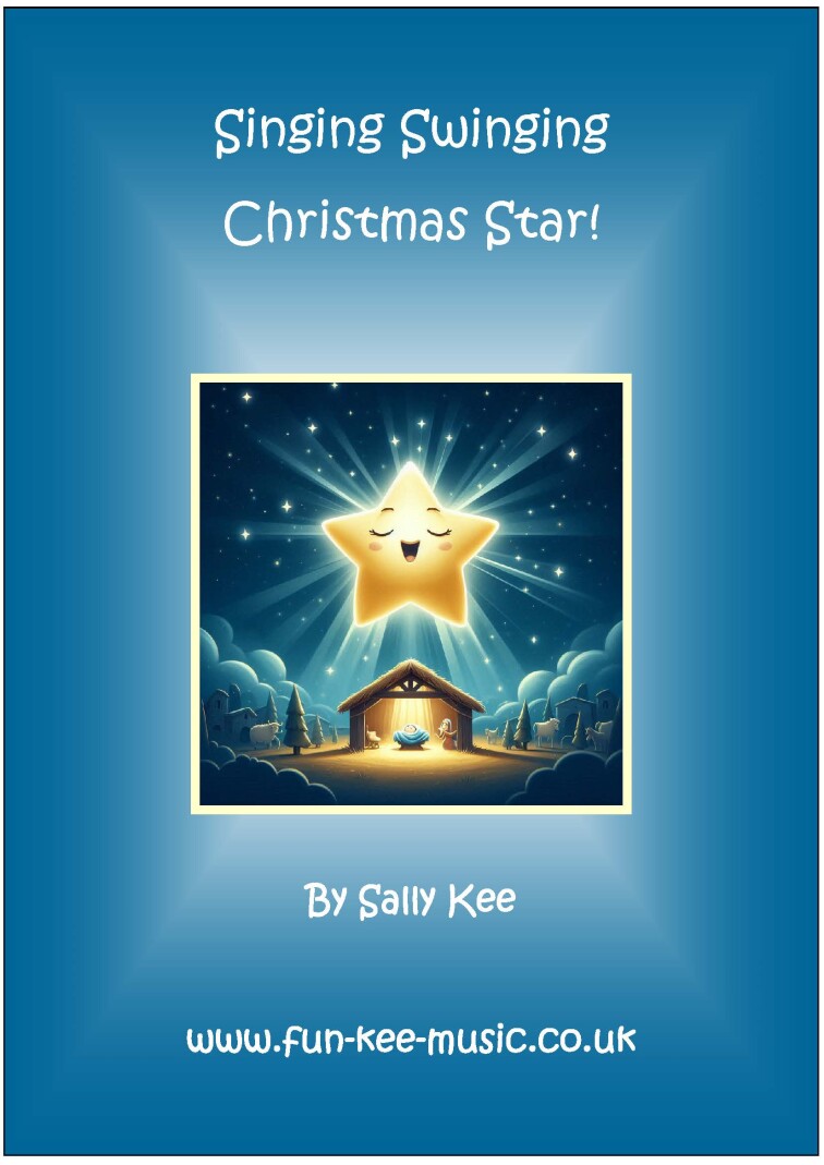 AN A.I. image of a large singing star above a Christmas Stable Scene. The background is blue and tne title is 'Singing Swinging Chriostmas Star.'