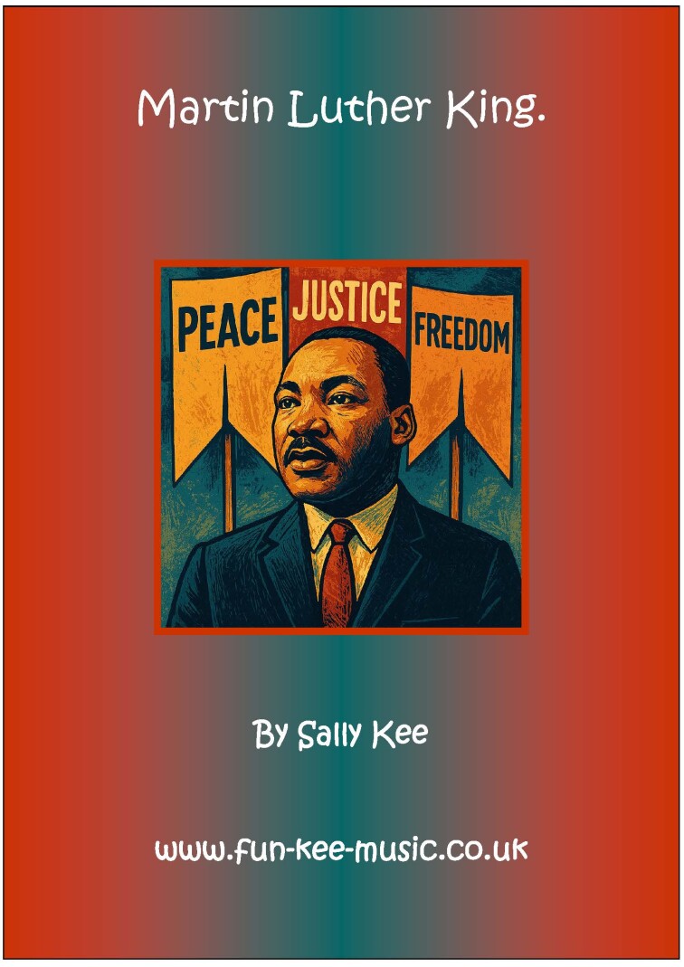 An AI generated inage of Martin Luther King with placards in the background saying 'Peace, Justice, Freedom' against a red and blue background.