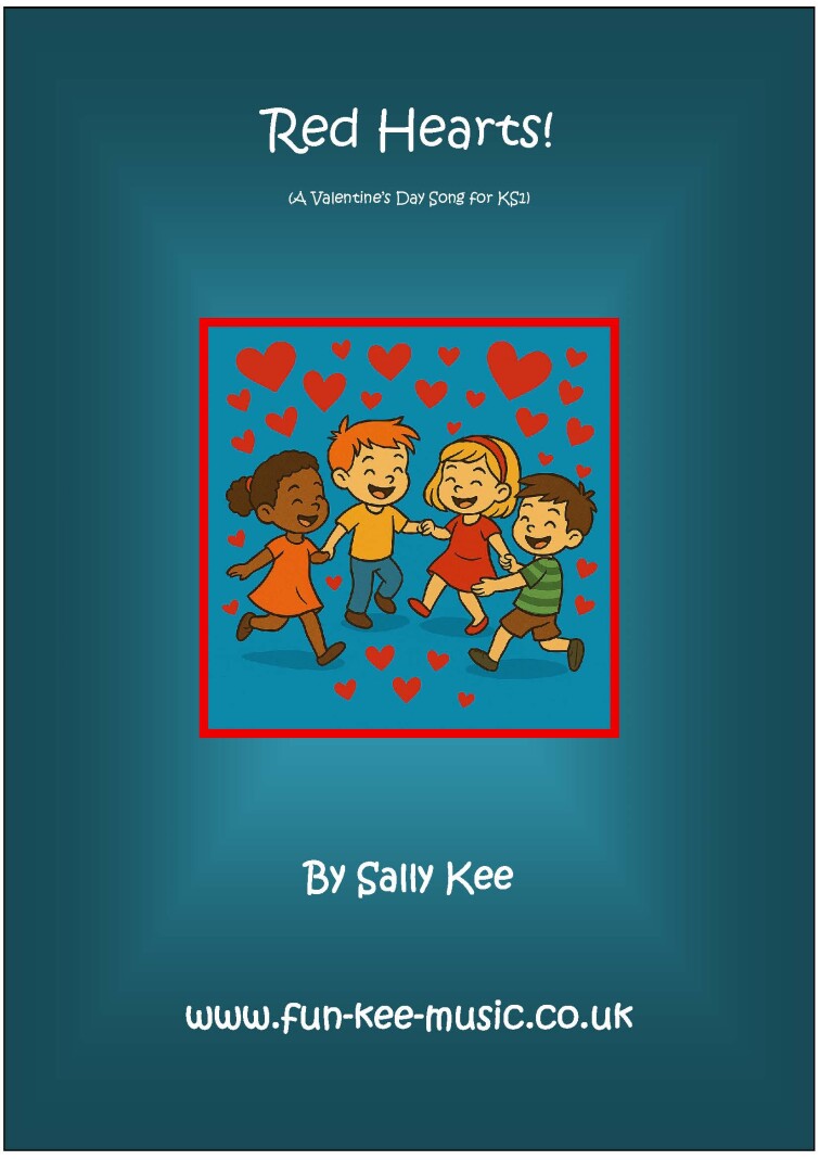 Children dancing in a ring surrounded by red hearts against a blue background