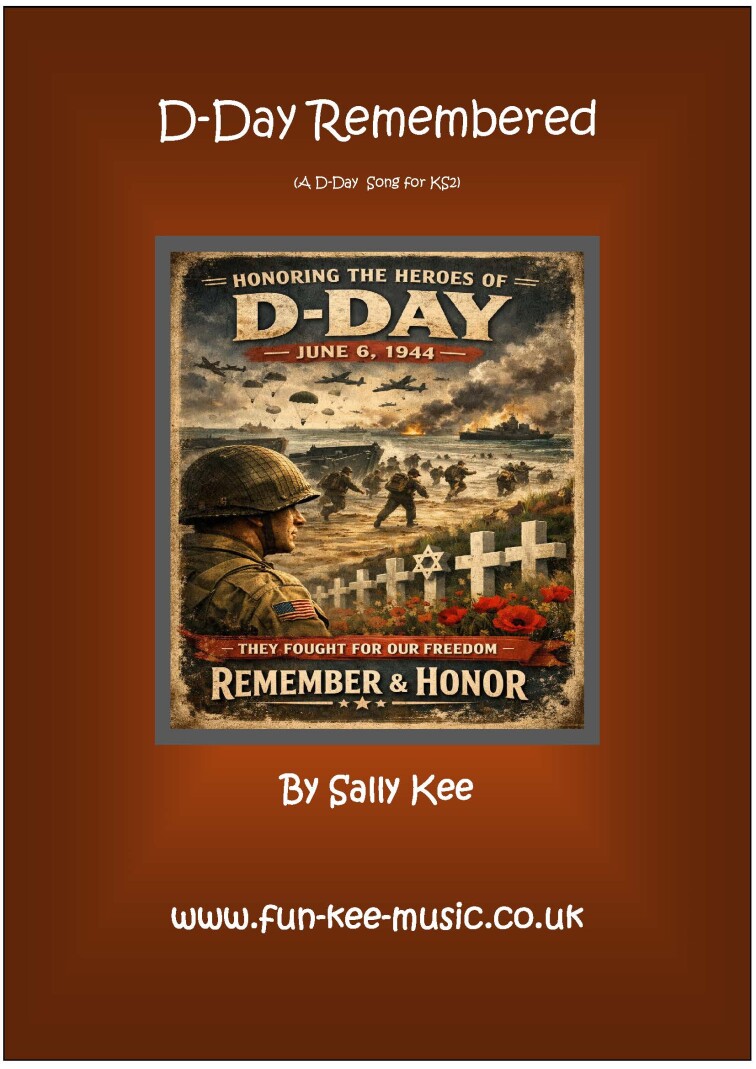 AI D-Day Image of the landing on the beaches set against a brown background. Title of the page is 'D-Day Remembered.'