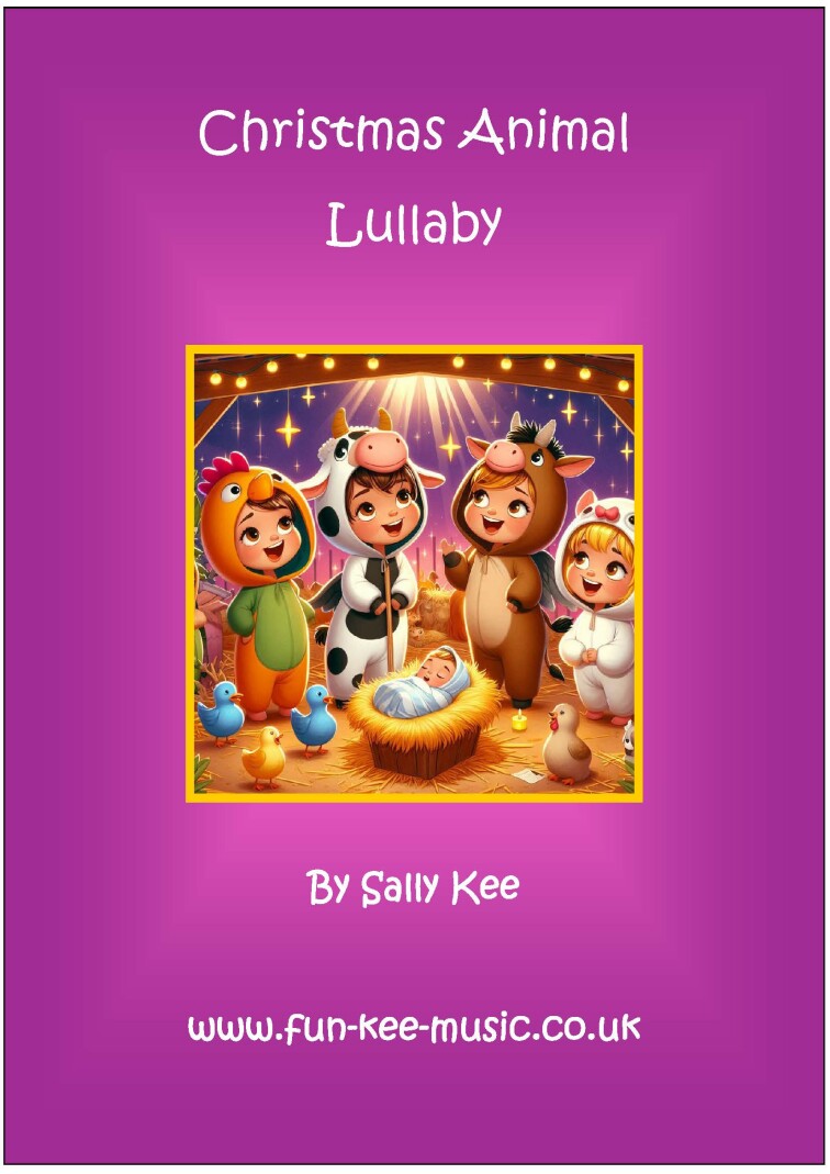 An AI created traditional cartoon style nativity with children dressed as animals set against a purple background.