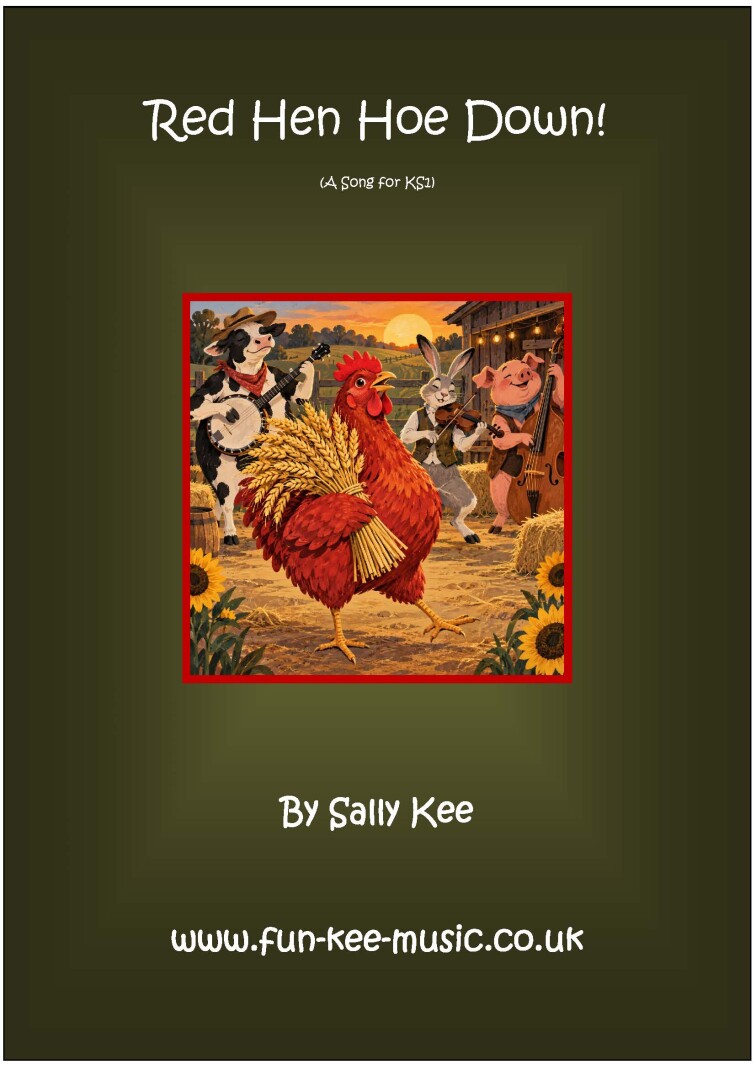 AI generated cartoon image of The Little Red Hen carrying some whaet sheaves with other animals playing instruments in the background of a farmyard